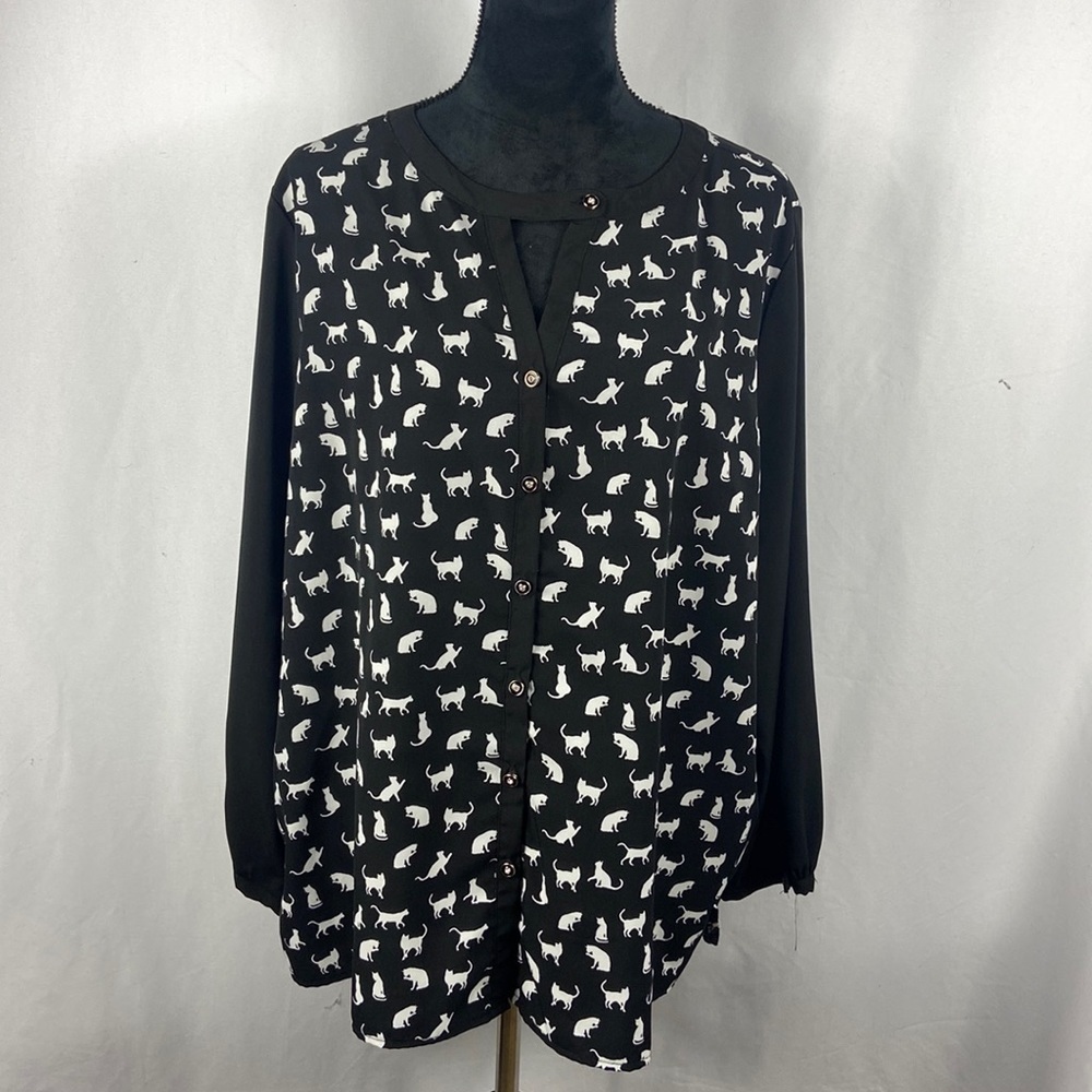 BonWorth Long Sleeve Button Down Cat Print Blouse with V Cutout